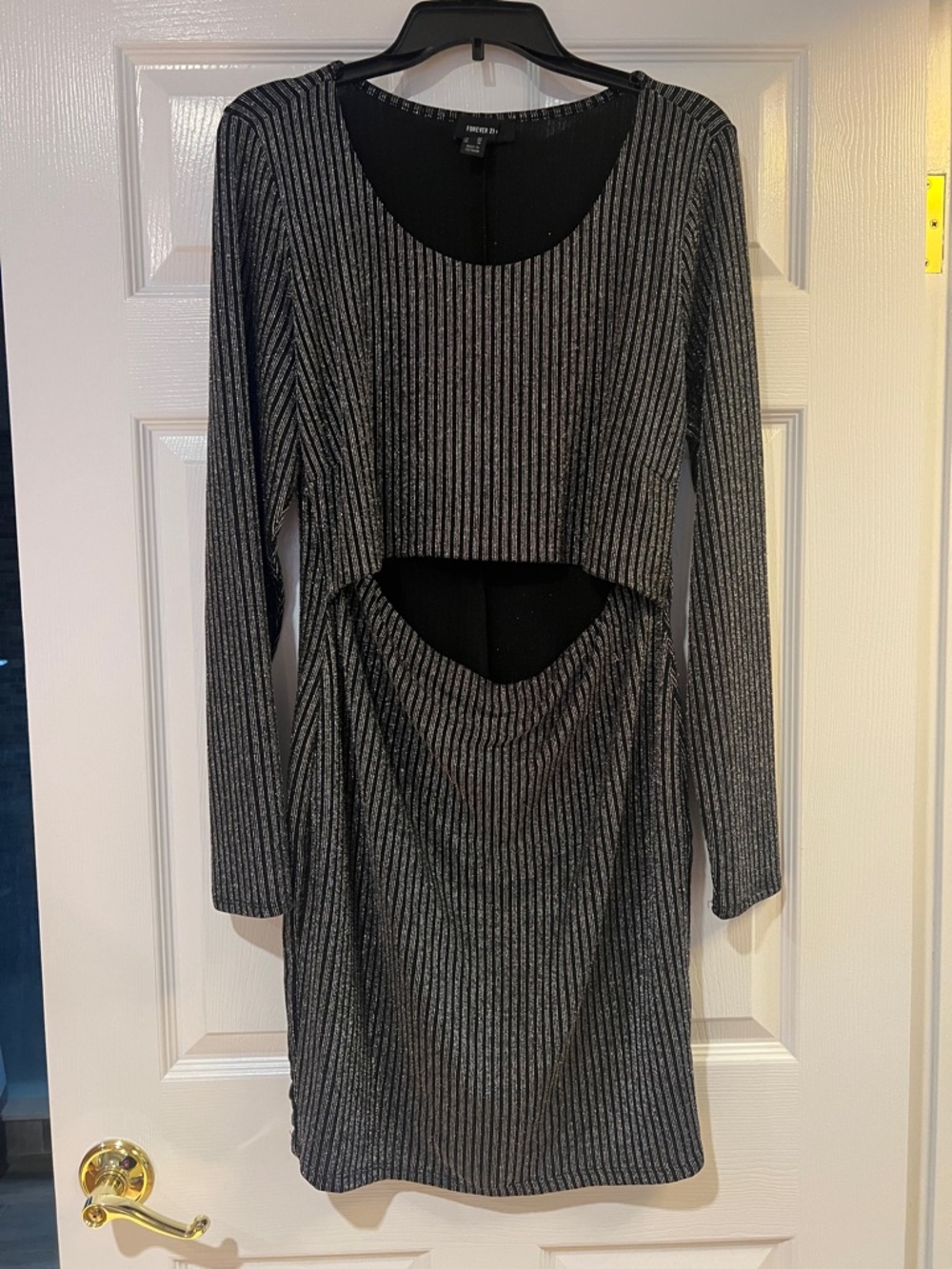 Forever 21 Black Silver Metallic Cutout Long-Sleeve Dress